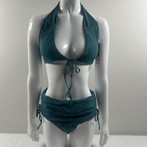 SHEKINI Bikini Set Womens L Green Halter High Waist Ruched 2‎ Piece Swim